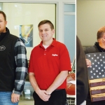 Two photos side-by-side. On the left, four men stand shoulder-to-shoulder while one holds a box displaying a purple heart award. On the right, Bernie holds a wooden US Flag while Tom looks at him.