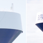 Two photos, side by side. To the left, crews work on painting the US flag on a water tower. To the right, the finished product- a blue and white water tower saying "Buffalo Center" with an American flag spanning between the words.